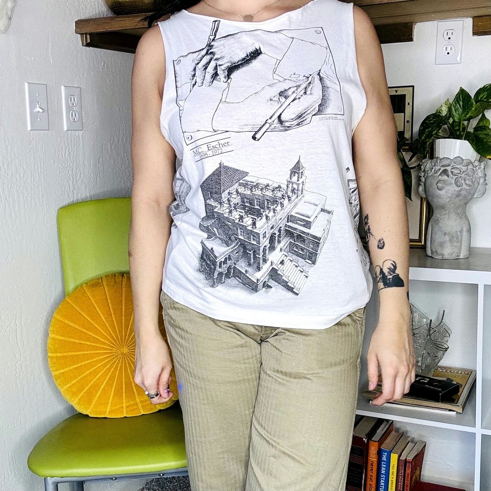 MC Escher White 90's Vintage Artwork Hands Sketch Tank Top Cutoff